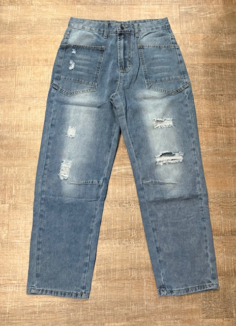 Ripped Straight Pocket Blue Jeans