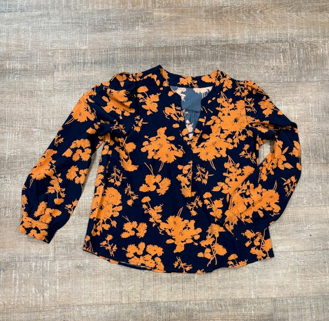 Navy Long-sleeved V-neck Print Shirt